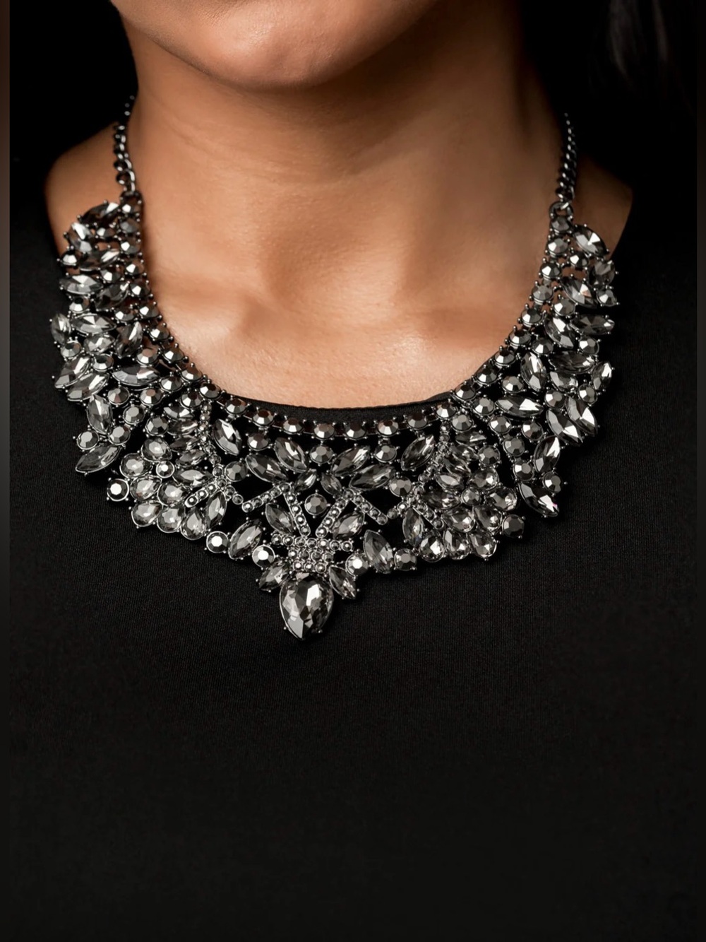 Crystal Statement Necklace - Silver Bib Collar & Earrings Set